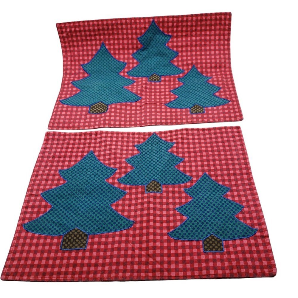 VTG Red & green Christmas Tree appliqued placements   - set of 5